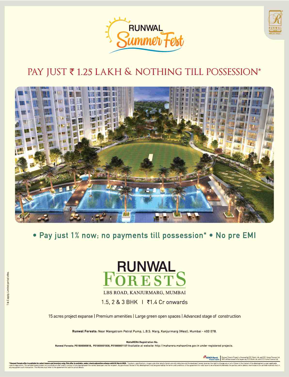 Pay 1% now and no payments till possession at Runwal Forests in Mumbai Update